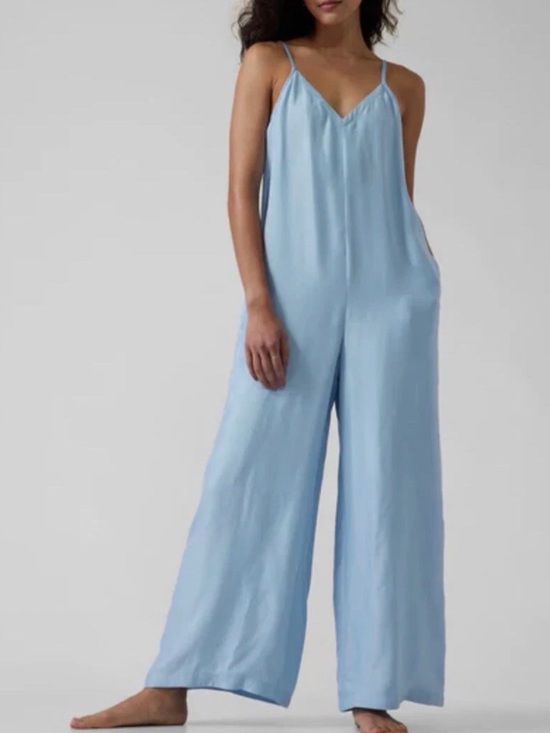 Athleta Pants - NWT- Athleta Calm Cool Romper light weight. Blue summer Wide-Leg Satin- Medium